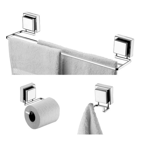 Kit Banheiro 3 Peças Suporte Porta Papel Higiênico Gancho Toalheiro Duplo Ventosa Cromado - Future Menor preço em Kit Banheiro 3 Peças Suporte Porta Papel Higiênico Gancho Toalheiro Duplo Ventosa Cromado - Future