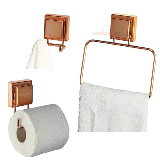 Imagem de Kit Banheiro 3 Peças Toalheiro Argola 18cm Suporte Porta Papel Higiênico Gancho Duplo Ventosa Rose Gold - Future