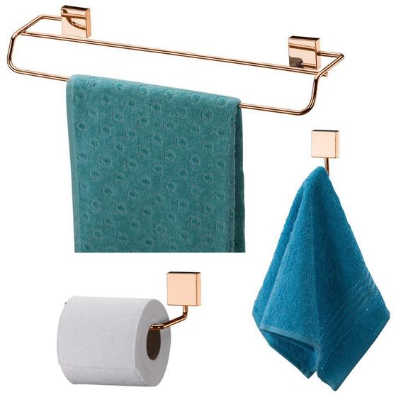 Imagem de Kit Banheiro 3 Peças Toalheiro Duplo 45cm Gancho Porta Papel Higiênico Cobre Rose Gold - Future