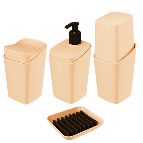 Imagem de Kit Banheiro 4 Peças Dispenser Sabonete Líquido Porta Escova De Dente Algodão Cotonete Saboneteira Square Rosa - Coza
