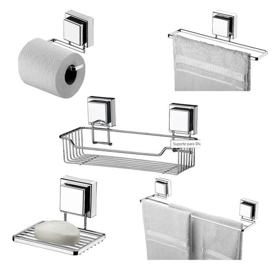 Imagem de Kit Banheiro 5 Peças com Fixação por Ventosa  Aço Cromado Suporte para Shampoo Toalheiro Duplo Toalheiro para Rosto Papeleira e Saboneteira