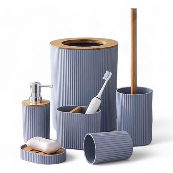 Imagem de Kit Banheiro Acessórios Lavabo Bambu Lixeira Com 6 Peças Cinza