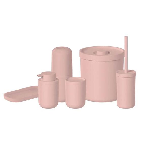 Imagem de Kit Banheiro Bold Saboneteira Porta Escova Sanitária Lixeira 6L Porta Algodão Rosa