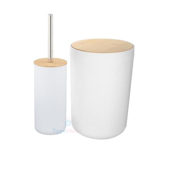 Imagem de Kit Banheiro Branco 2 pçs Lixeira e Escova Sanitária com Tampa de Bambu