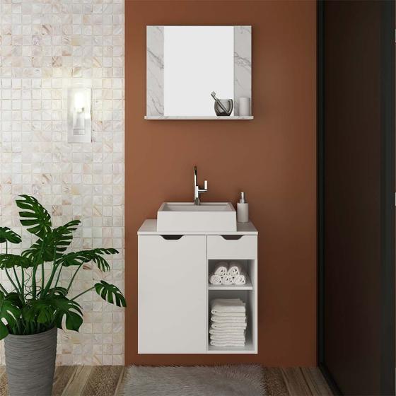 Imagem de Kit Banheiro com Cuba, Espelho e Gabinete Mármore Branco e Branco Tecno Mobili