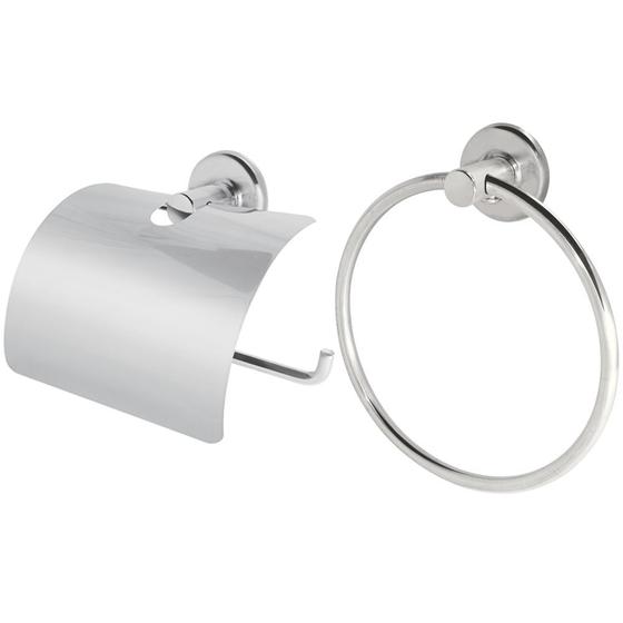 Imagem de kit banheiro com papeleira inox e porta toalha de rosto