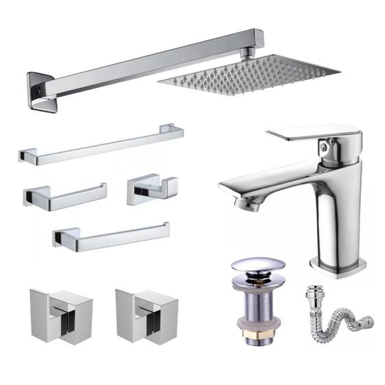 Imagem de Kit Banheiro Completo Lavatório com Acessórios Cromado Todo Metal Premium PMX