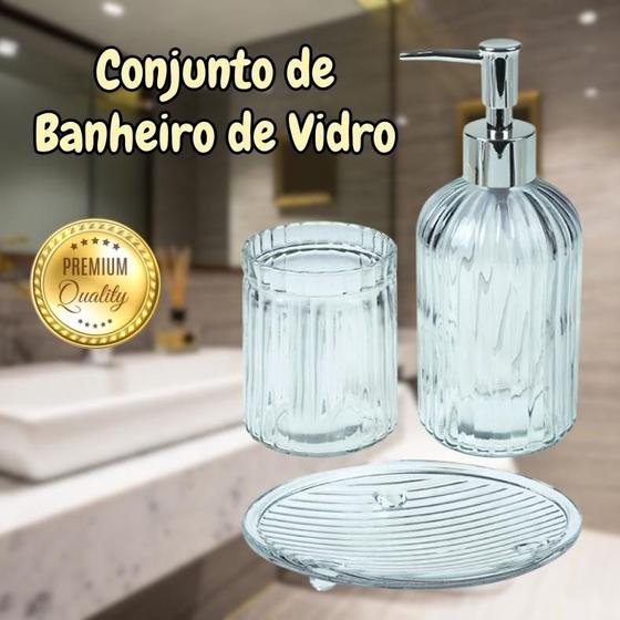 Imagem de Kit Banheiro de Vidro - 3 peças - Conjunto Luxo Cromado - Porta Sabonete Liquido - Porta Escovas - Saboneteira -  PANAMI