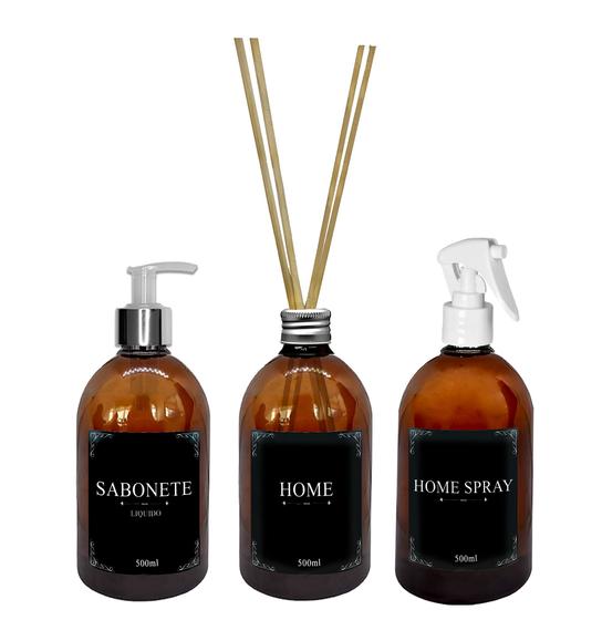 Imagem de Kit Banheiro Frasco Pet Ambar Aromatizador de Ambiente com Vareta + Borrifador Home Spray + Sabonete Liquido 500ml  Minimalista