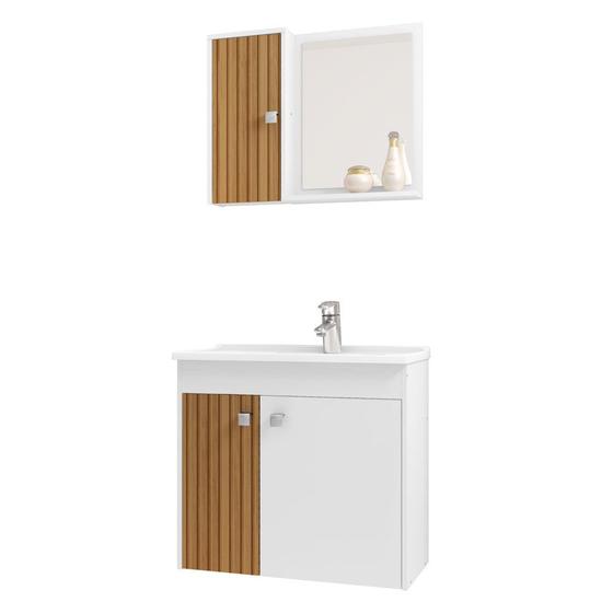 Kit Banheiro Gabinete 56cm Pia e Armário Com Espelho Munique Branco/Ripado - Bechara Menor preço em Kit Banheiro Gabinete 56cm Pia e Armário Com Espelho Munique Branco/Ripado - Bechara