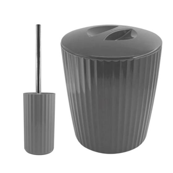 Imagem de Kit Banheiro Groove Suporte Com Escova Sanitária Cromado + Lixeira 5L - Ou