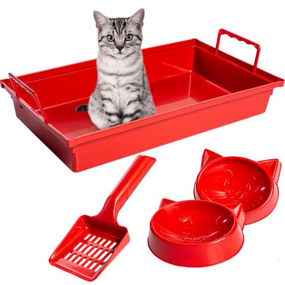 Imagem de Kit Banheiro Higienico para Gatos, Caixa de Areia, Pazinha, Comedouro e Bebedouro