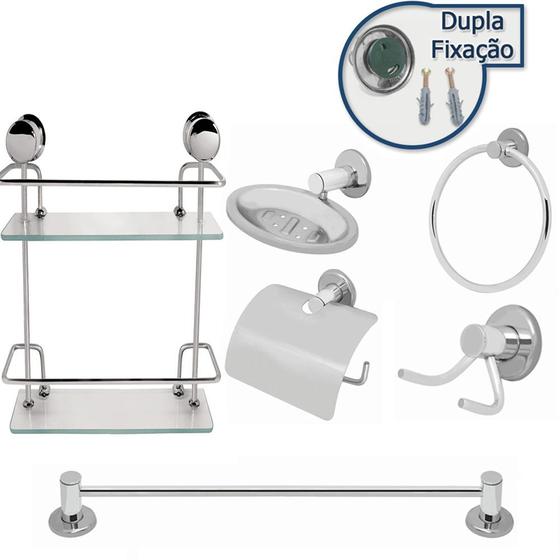 Kit Banheiro Inox 6pcs Com Porta Shampoo Duplo Reto Vidro 6mm Linha Stander Menor preço em Kit Banheiro Inox 6pcs Com Porta Shampoo Duplo Reto Vidro 6mm Linha Stander