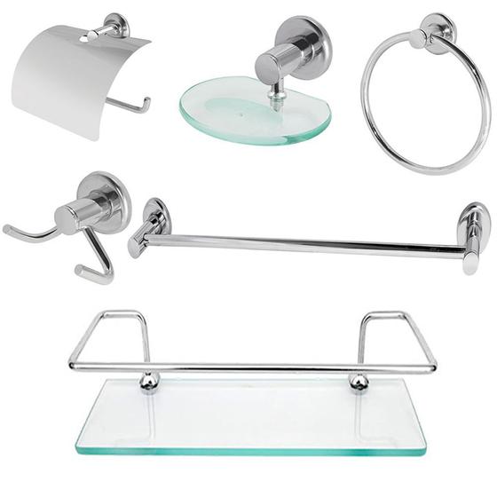 Kit Banheiro Inox Com Porta Shampoo de Vidro Linha Extra Luxo Menor preço em Kit Banheiro Inox Com Porta Shampoo de Vidro Linha Extra Luxo