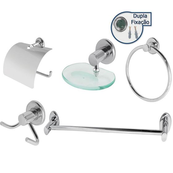 Kit Banheiro Inox Com Saboneteira de Vidro Temperado Linha Extra Luxo Menor preço em Kit Banheiro Inox Com Saboneteira de Vidro Temperado Linha Extra Luxo