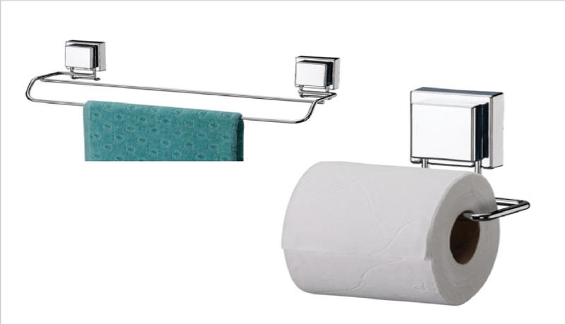 Imagem de Kit banheiro inox ventosa 2 peças Future porta toalha banho duplo e papeleira