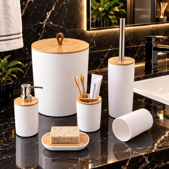 Kit Banheiro Lavabo 6 Peças Branco e Bambu Organizador Completo Luxo Porta Sabonete Escova Lixeira