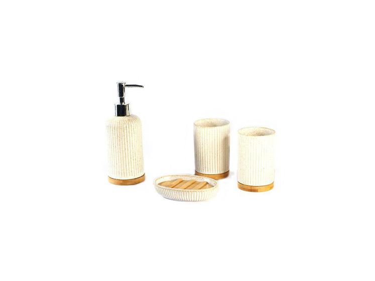 Kit Banheiro Lavabo Ceramica Plissado Texturizado Bege Base Bambu 4 Peças Menor preço em Kit Banheiro Lavabo Ceramica Plissado Texturizado Bege Base Bambu 4 Peças
