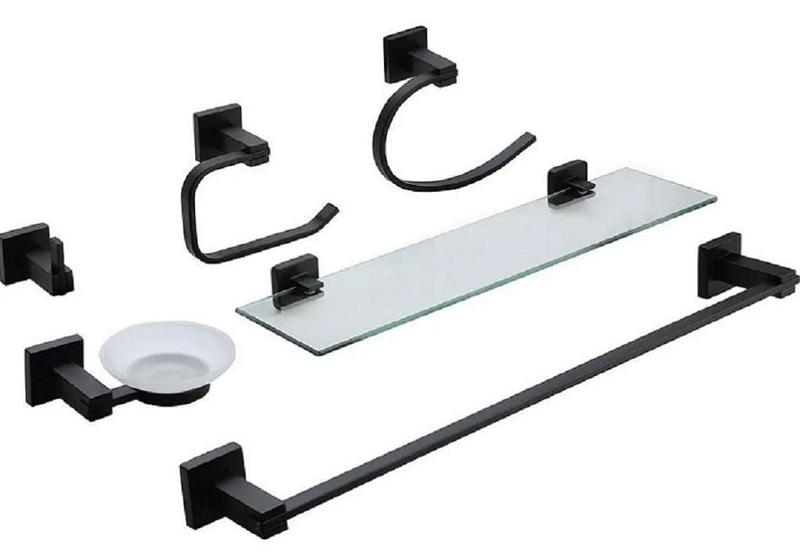 Imagem de Kit banheiro lavabo inox Preto fosco 6 peças Black acessorios Saboneteira Porta Papel Porta Shampoo