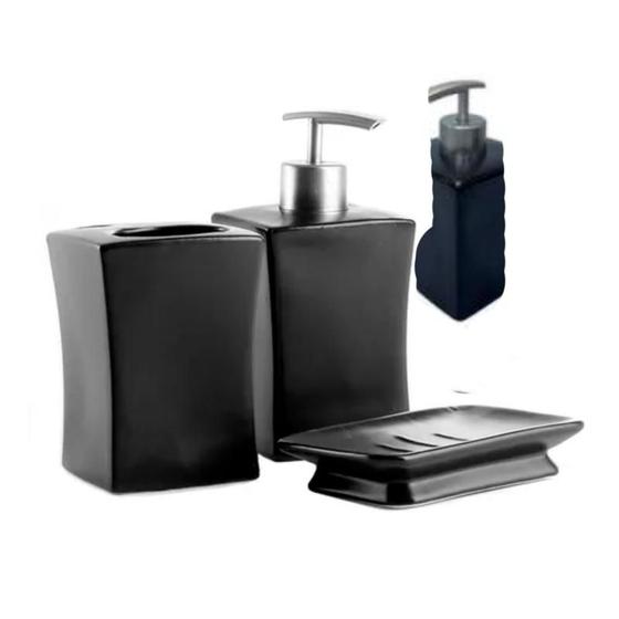 Imagem de Kit Banheiro Lavabo Porcelana 3 Pecas Porta Sabonetes e Escovas Conjunto Acessórios Completo Higiene Moderno Bancada