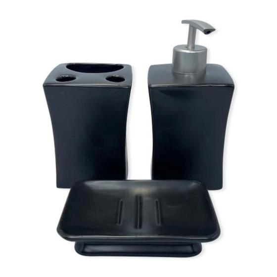 Imagem de Kit Banheiro Lavabo Porcelana 3 Pecas Saboneteira Luxo Preto Organização Pia Completo Higiene Moderno