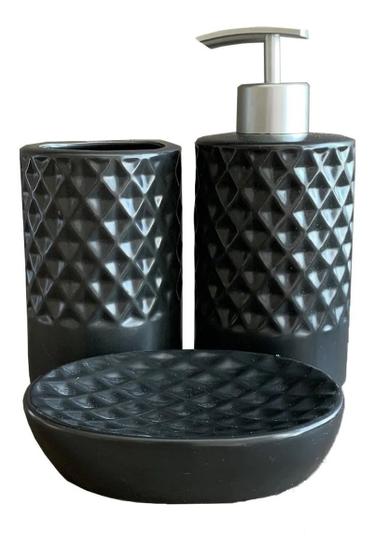 Imagem de Kit Banheiro Lavabo Porcelana Com Porta Escova , Saboneteira e Dispensador  Preto Relevo - WINCY