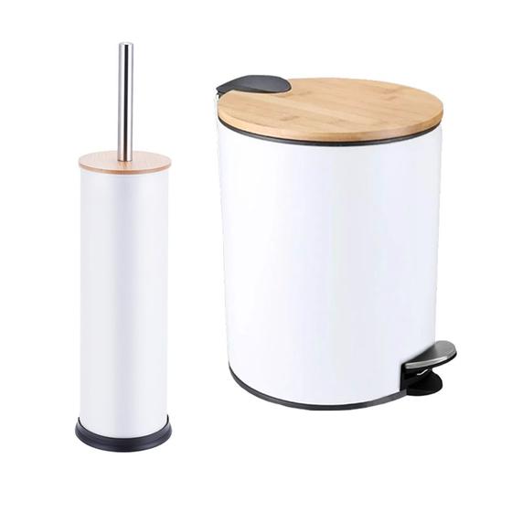 Imagem de Kit Banheiro Lixeira Com  Pedal 5 Litros + Escova Sanitária Branca Tampa de Bambu Fechamento Suave