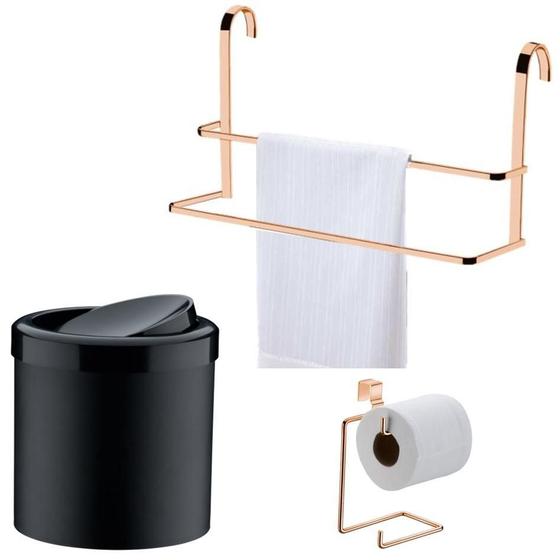 Imagem de Kit Banheiro Lixeira Toalheiro Papeleira Rose Gold - Preto