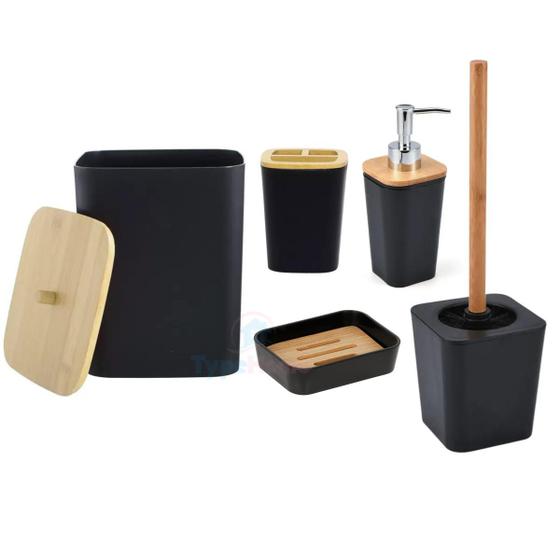 Imagem de Kit Banheiro Moderno Conjunto com Lixeira Porta Escova de Dente Saboneteira Bambu