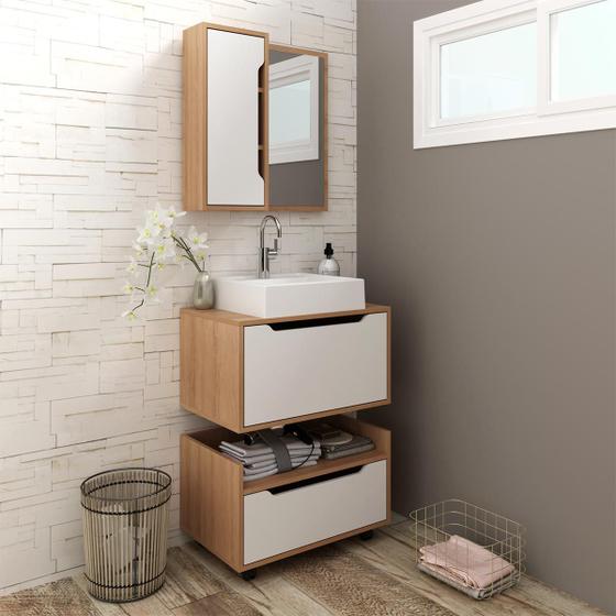 Imagem de Kit Banheiro Modulado com Espelho Cuba e Gaveteiro Amêndoa Branco Tecno Mobili