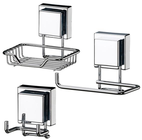 Kit Banheiro Papeleira, Saboneteira e Gancho Duplo Fixação Por Ventosa Inox Menor preço em Kit Banheiro Papeleira, Saboneteira e Gancho Duplo Fixação Por Ventosa Inox