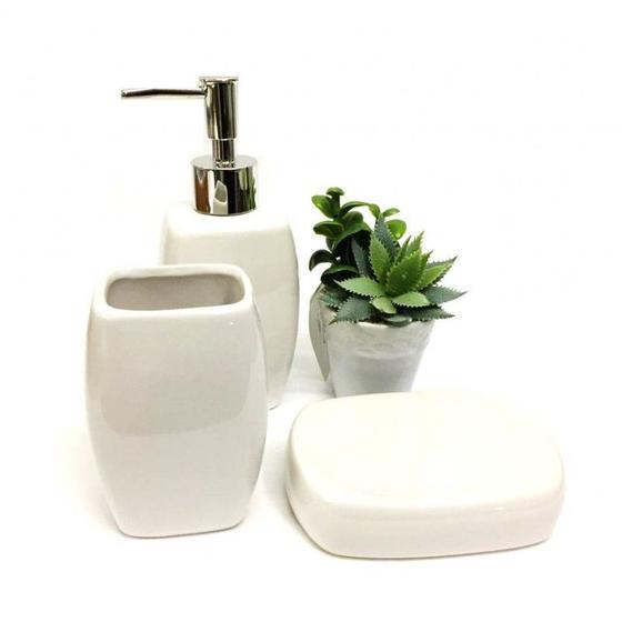 Kit Banheiro Porcelana 3 Peças e Mini Vaso Suculentas Artificial - Yazi e Jolitex Menor preço em Kit Banheiro Porcelana 3 Peças e Mini Vaso Suculentas Artificial - Yazi e Jolitex
