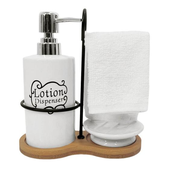 Imagem de Kit Banheiro Porcelana + Bambu: Porta Sabonete + Suporte