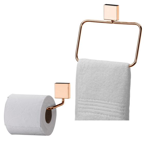 Imagem de Kit Banheiro Porta Toalha Argola 18cm + Suporte Papel Higiênico Rosé Gold - Future