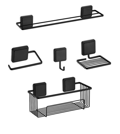 Imagem de Kit banheiro preto fosco 5 peças fixaçao por adesivo Norbond Future