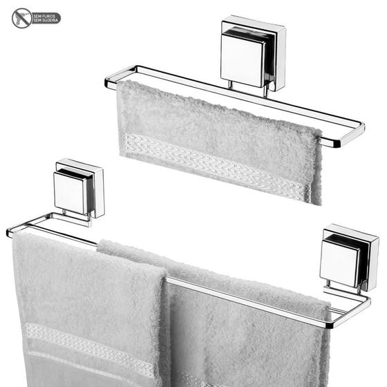 Kit Banheiro Suporte Porta Toalha de Banho Duplo + Porta Toalha de Rosto Fixação Com Ventosa Menor preço em Kit Banheiro Suporte Porta Toalha de Banho Duplo + Porta Toalha de Rosto Fixação Com Ventosa