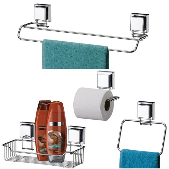 Imagem de Kit Banheiro Toalheiro Porta Toalha Papel Higiênico Suporte Shampoo Aço Inox Ventosa - Future