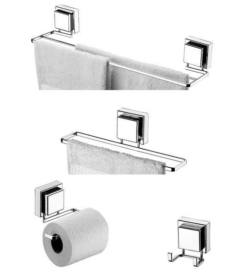 Imagem de kit banheiro ventosa cromado 4 peças toalha banho, rosto, papel, cabide Future Praticitá Mix