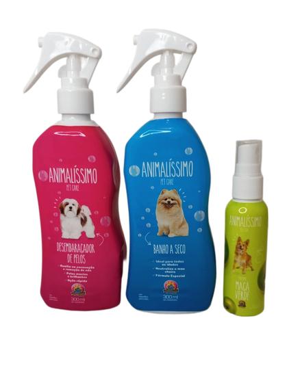 Imagem de Kit Banho A Seco Desembaraçador Perfume Colônia Pet Care Cão Maça Verde