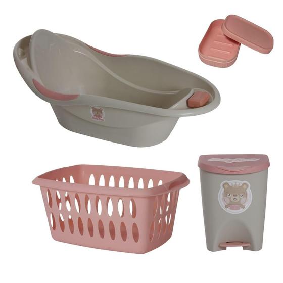 Imagem de Kit Banho Baby Bebê Infantil Menina Banheira Saboneteira Cesto Lixeira 