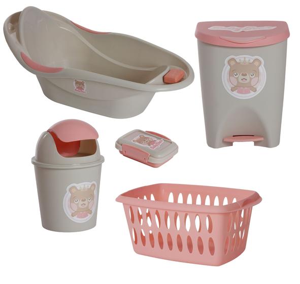 Imagem de Kit Banho Baby Bebe Infantil Menina Banheira Saboneteira Cesto Lixeiras 