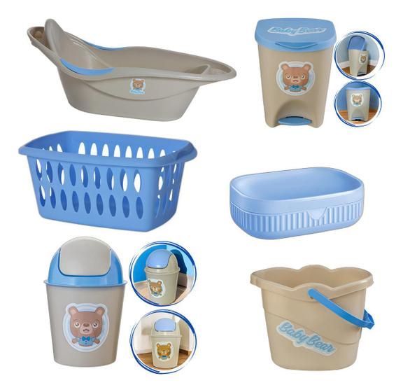 Imagem de Kit Banho Baby Bebê Infantil Menino Banheira Saboneteira Cesto Lixeiras BaldeBalde