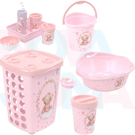 Imagem de Kit Banho Cesto,lixeira,saboneteira,balde,bacia,kit higiene Ursa Rosa - plasutil