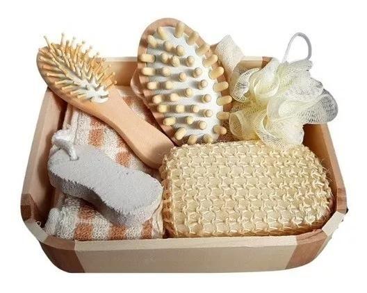 Kit Banho com 6 Peças Higiene Pessoal Cesta Estojo de Madeira - Esponja ...
