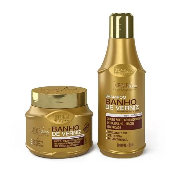 Imagem de Kit Banho De Verniz Com Shampoo 300ml Máscara 250g Forever Liss