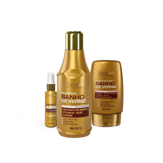 Imagem de Kit Banho de Verniz Forever Liss Shampoo, Leave-in, Oleo