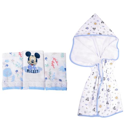 Imagem de Kit Banho Do Bebe Toalha Soft + 3 Babete - Mickey