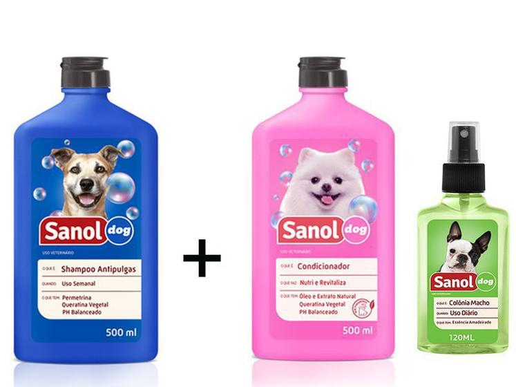 Imagem de Kit Banho para cães: Shampoo Anti pulga para cachorro + Condicionador Revitalizante + Colonia Perfume Cães Macho Sanol Dog