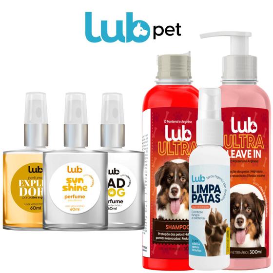 Imagem de Kit Banho Para Pets Shampoo 300ml + Leave In 300ml + 3 Perfumes 60ml + Limpa Patas Lub Pet