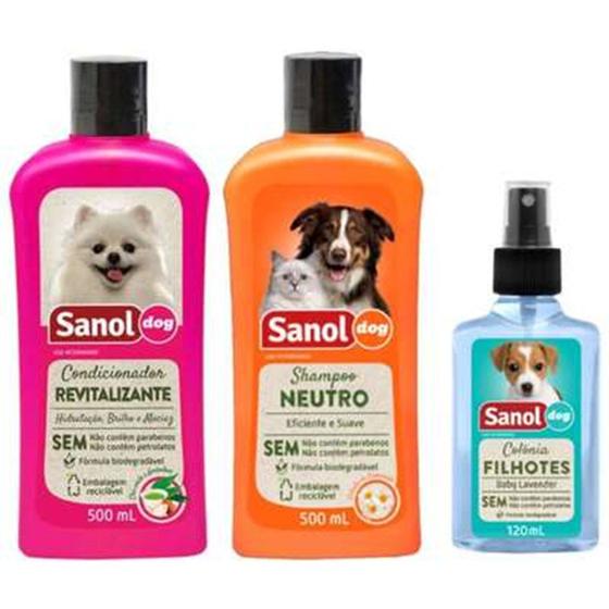 Imagem de Kit Banho Sanol Cães E Gatos Shampoo, Cond, Colônia Suave